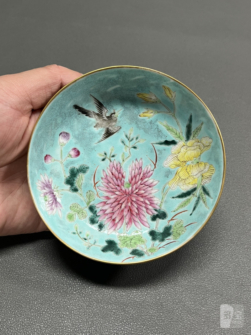 清光绪  松石绿地粉彩花鸟纹盘（一对） - 图3
